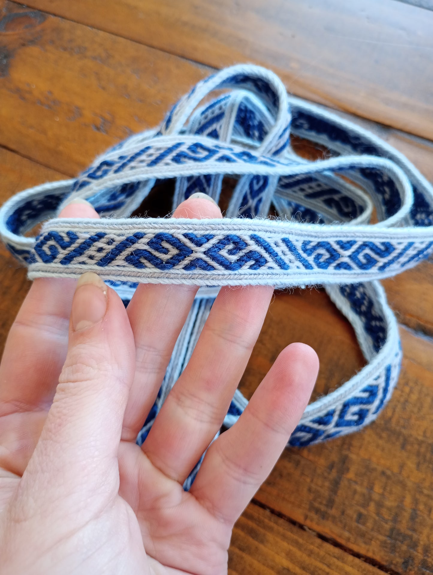 Belt with historical Latvian pattern in blue and gray