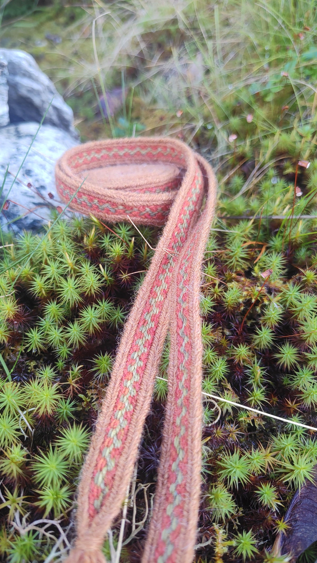 Narrow plant dyed medieval Latvian belt in colours of autumn