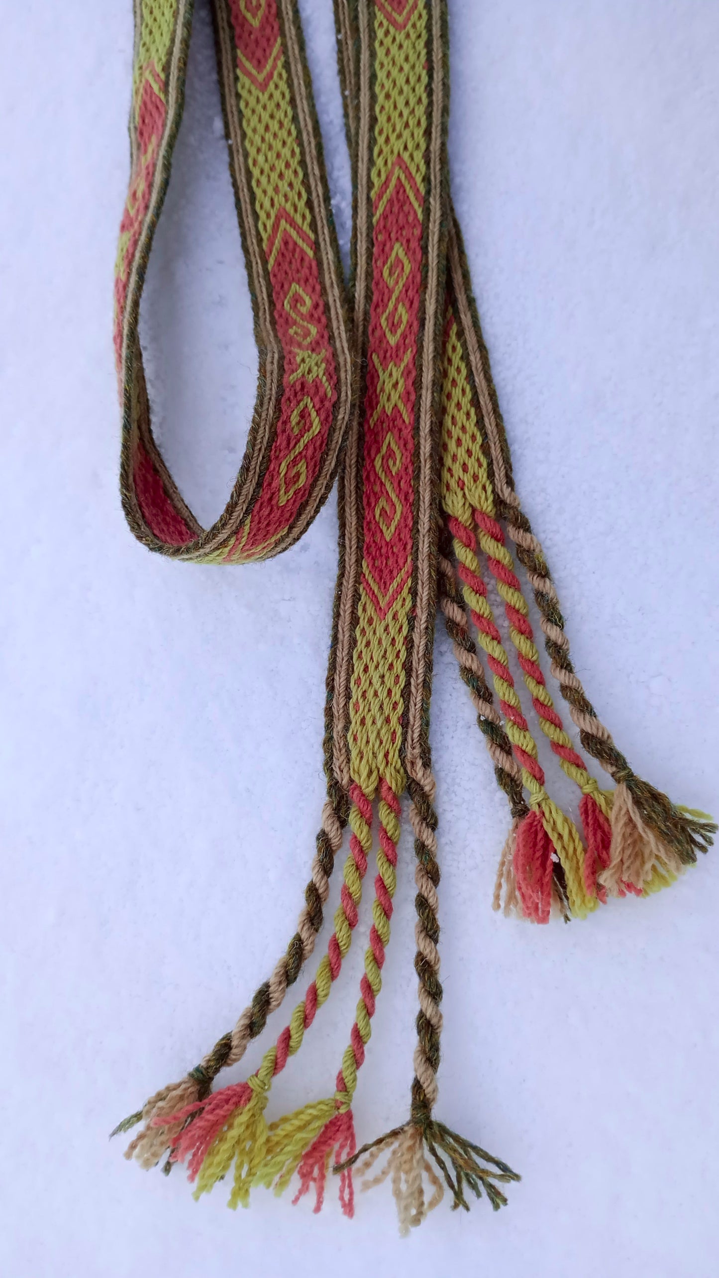 Belt with double spirals and gungnir. (plant dyed yarn)