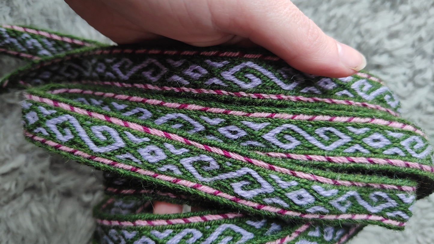 Spring themed belt with double spirals in purple and green