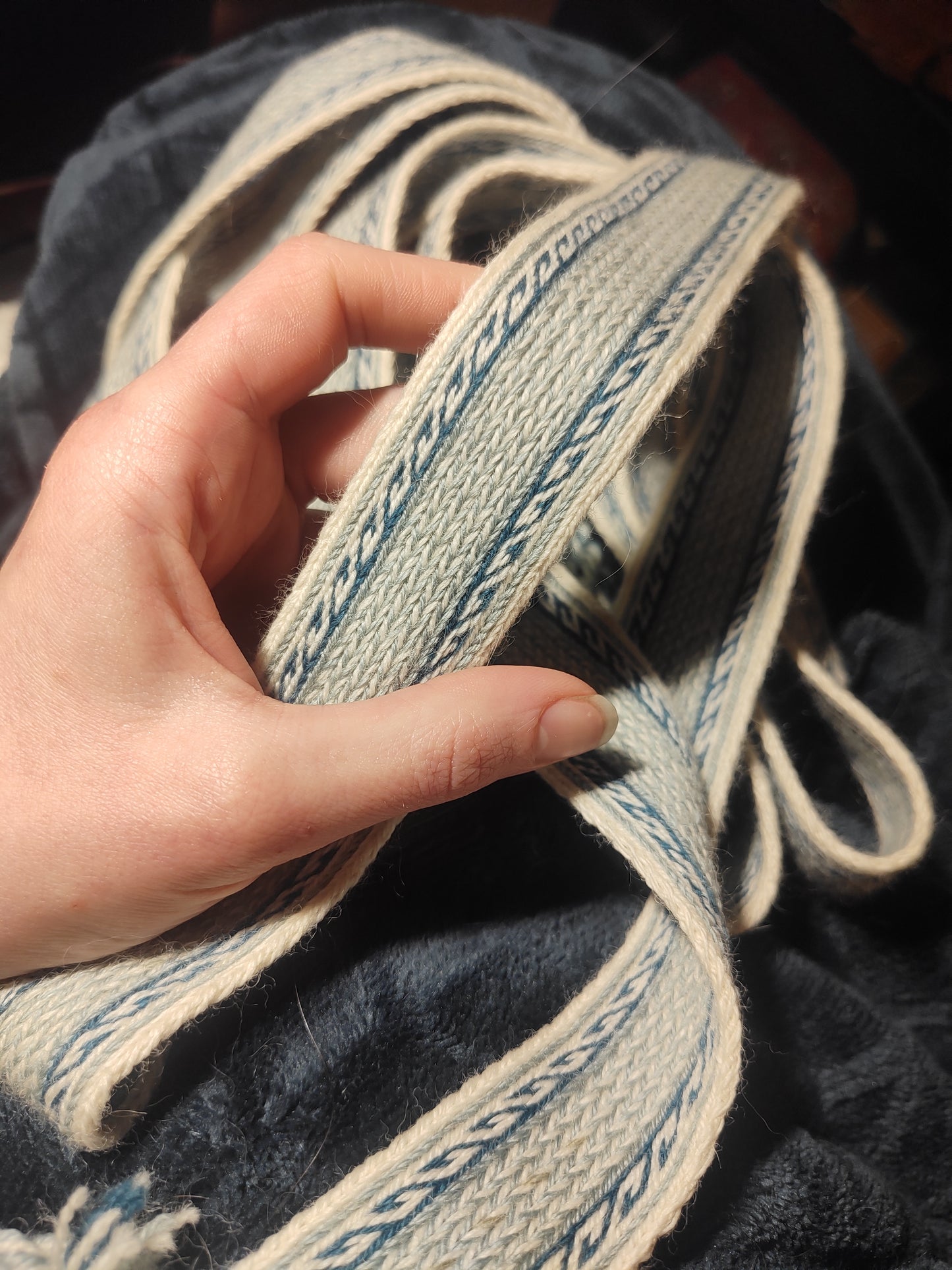 Blue double sided belt with Greek key detail