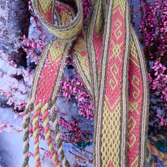 Belt with double spirals and gungnir. (plant dyed yarn)