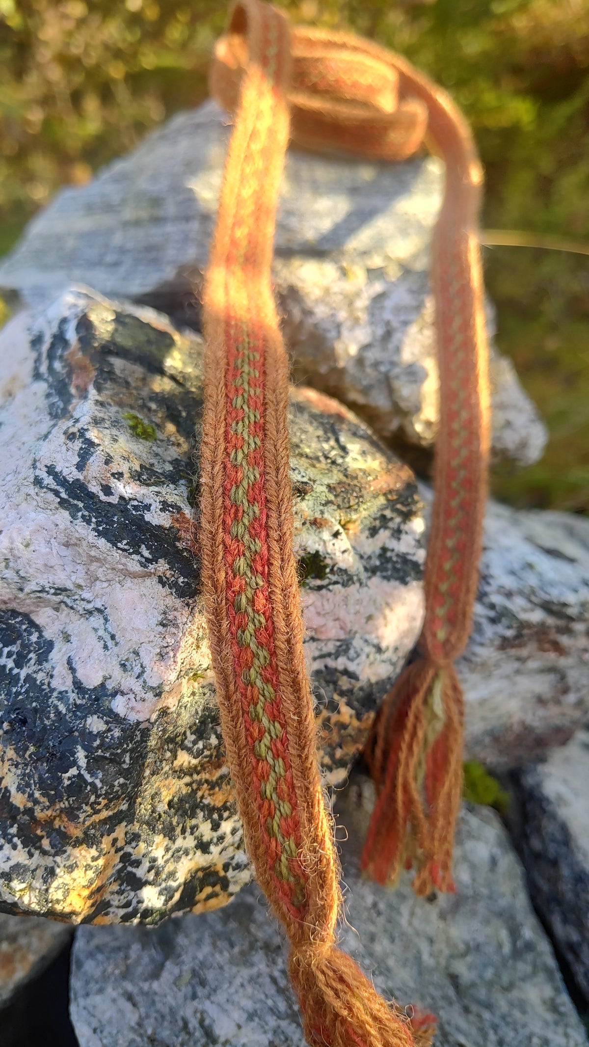 Narrow plant dyed medieval Latvian belt in colours of autumn