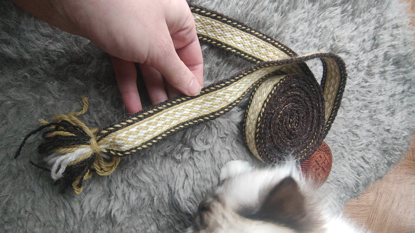Brown and yellow-green double sided belt in Baltic style