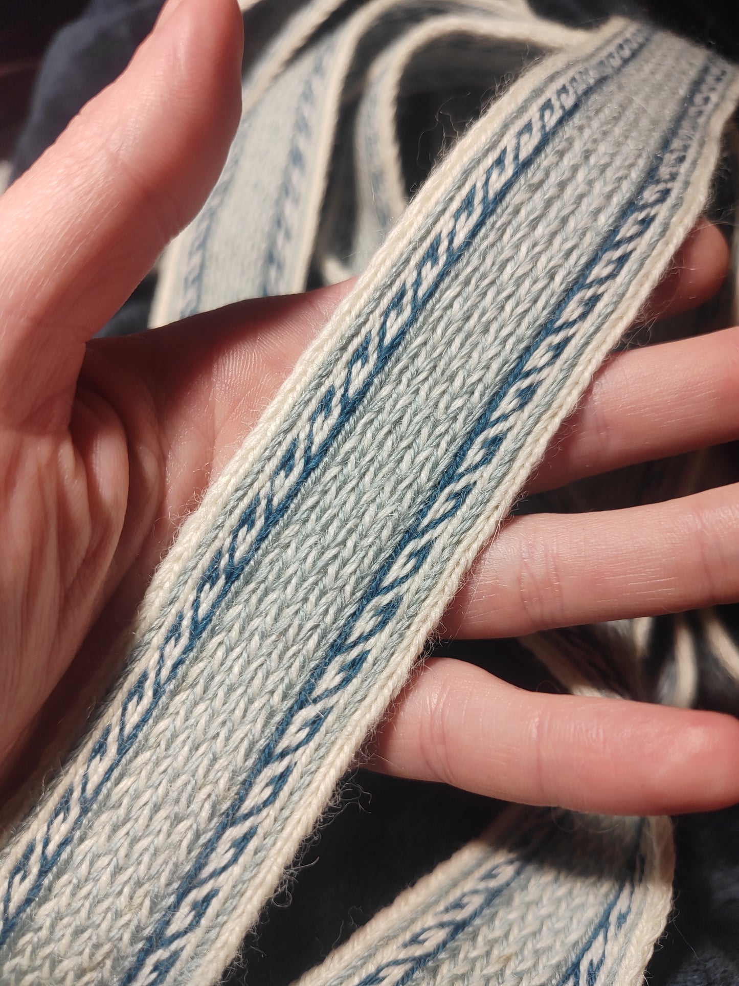 Blue double sided belt with Greek key detail