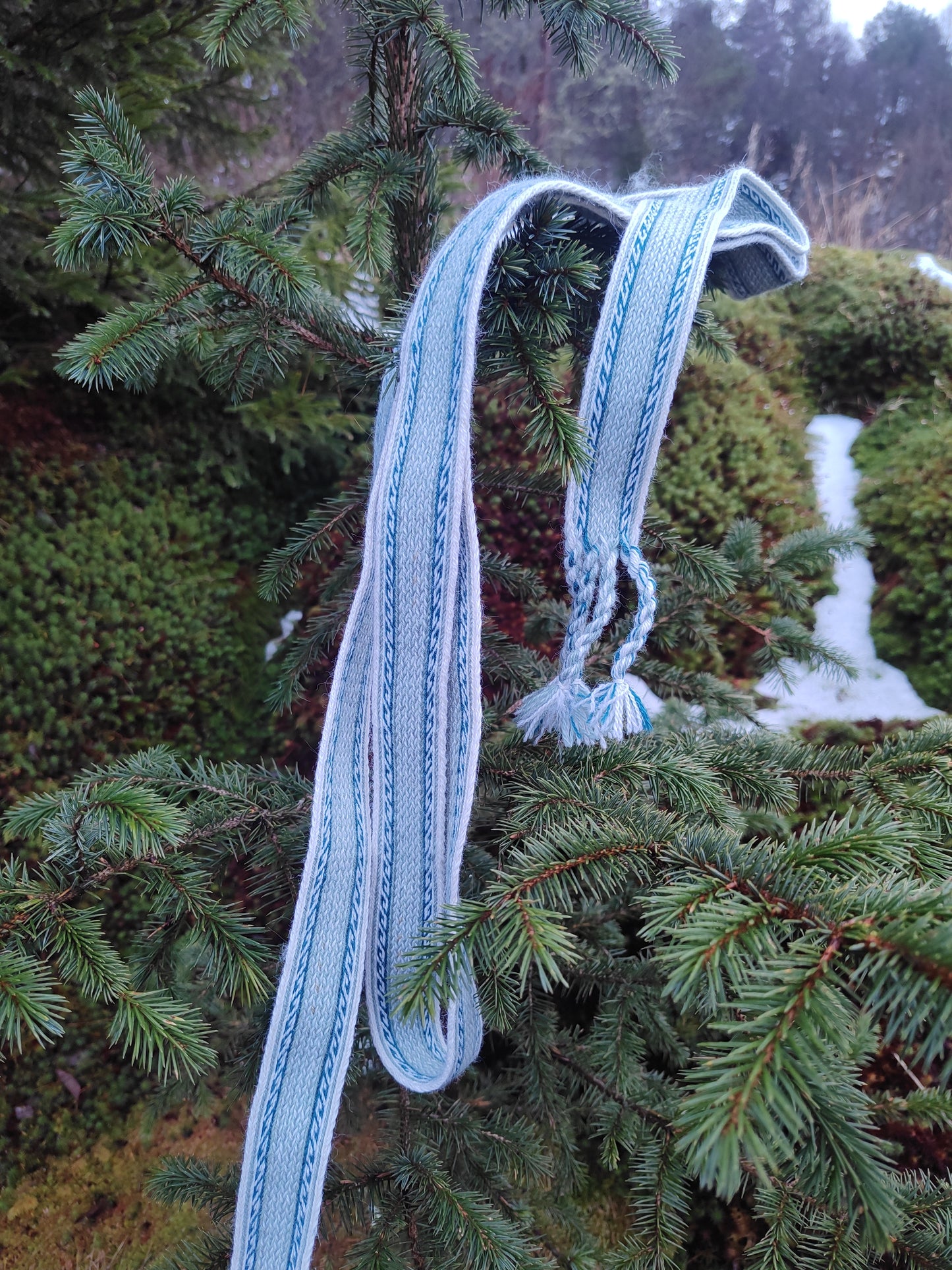 Blue double sided belt with Greek key detail