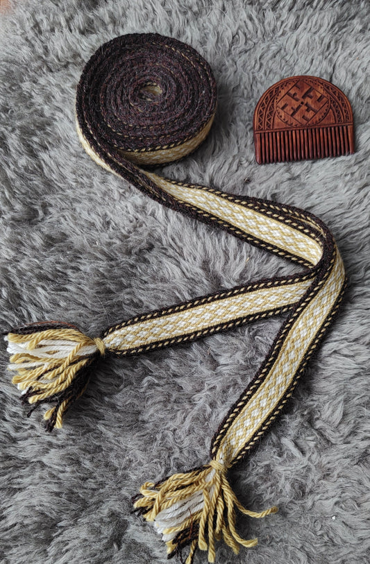 Brown and yellow-green double sided belt in Baltic style